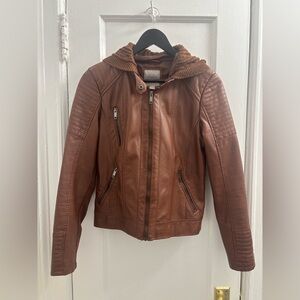 Stunning Mixed Media Brown Leather Jacket with Knitted Hood, 3 Zipper Pockets